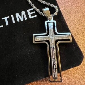 HMY Jewelry Men's Lord's Prayer Engraved Cross Pendant Necklace::Stainless Steel